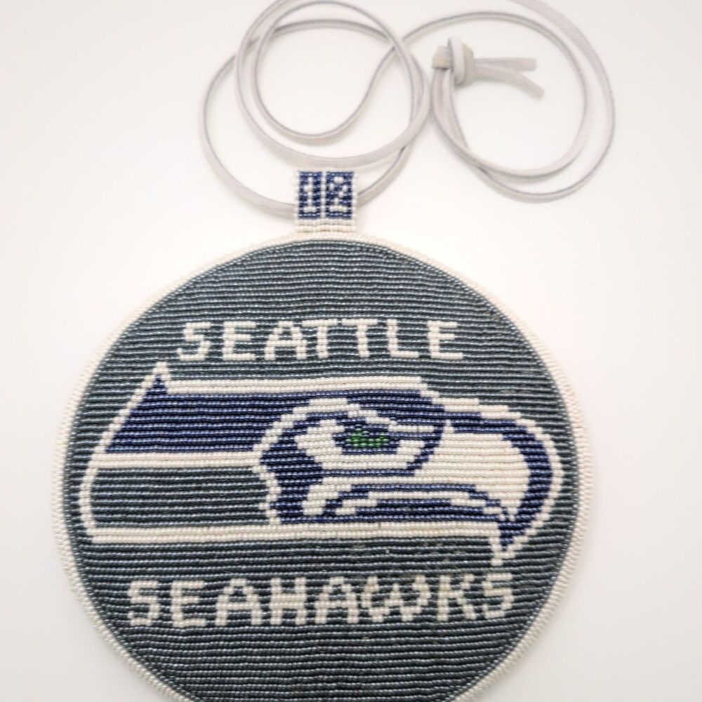 7"Seattle Seahawks Native Beaded Pendant 12th Man  Leather Backed Leather Cord